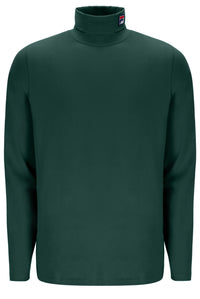 A dark green long-sleeve mock neck turtleneck sweater with a small Fila logo patch on the collar, shown against a plain white background.