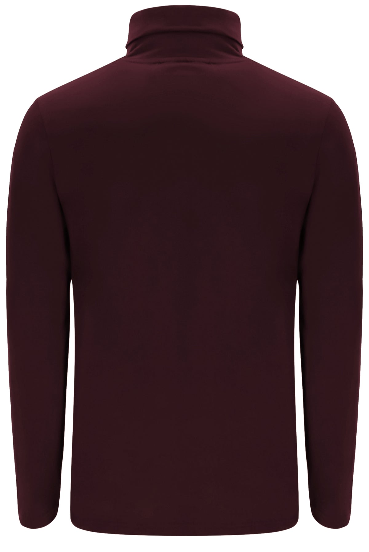 A dark burgundy long-sleeve turtleneck top shown from the back, photographed against a solid white background.