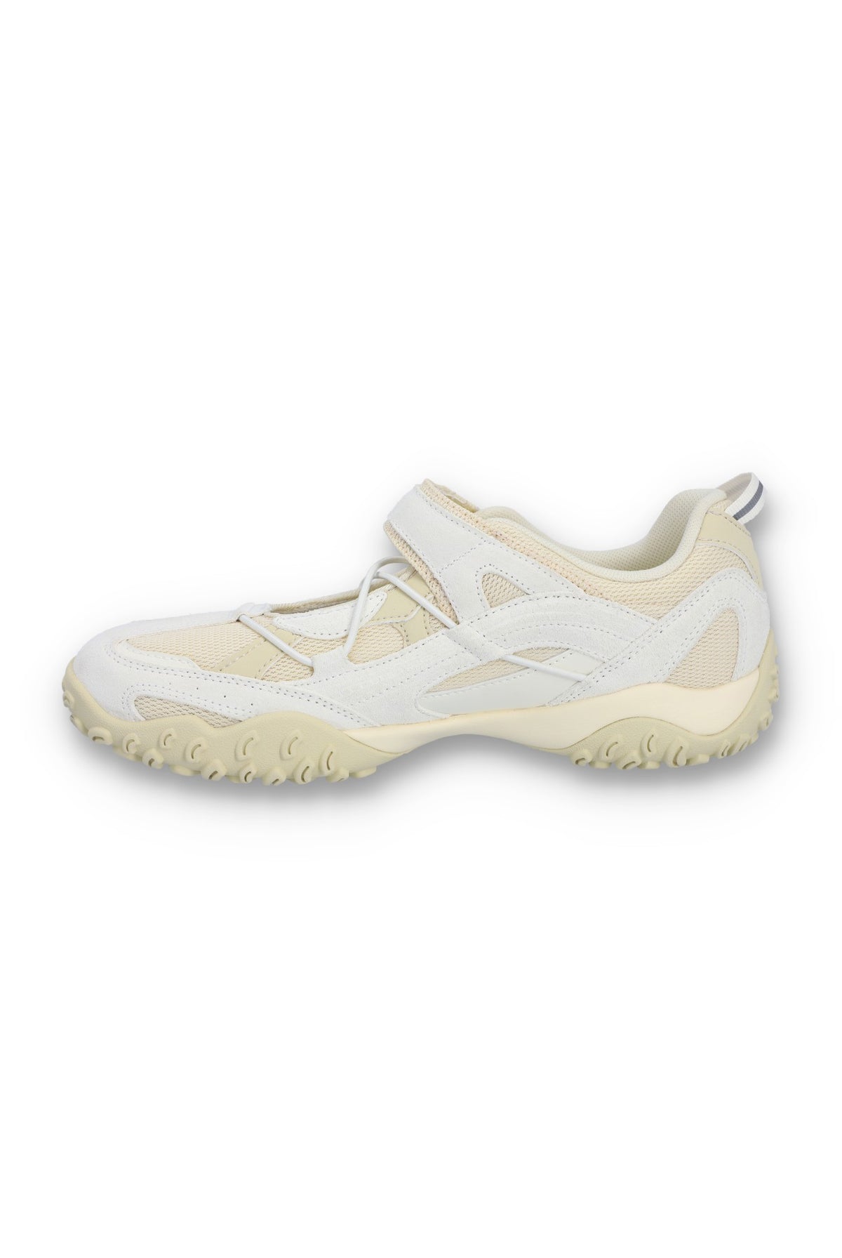 White and beige athletic shoe on a white background