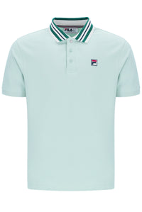 Light blue polo shirt with green and white collar, with a small FILA logo on the chest, against a white background