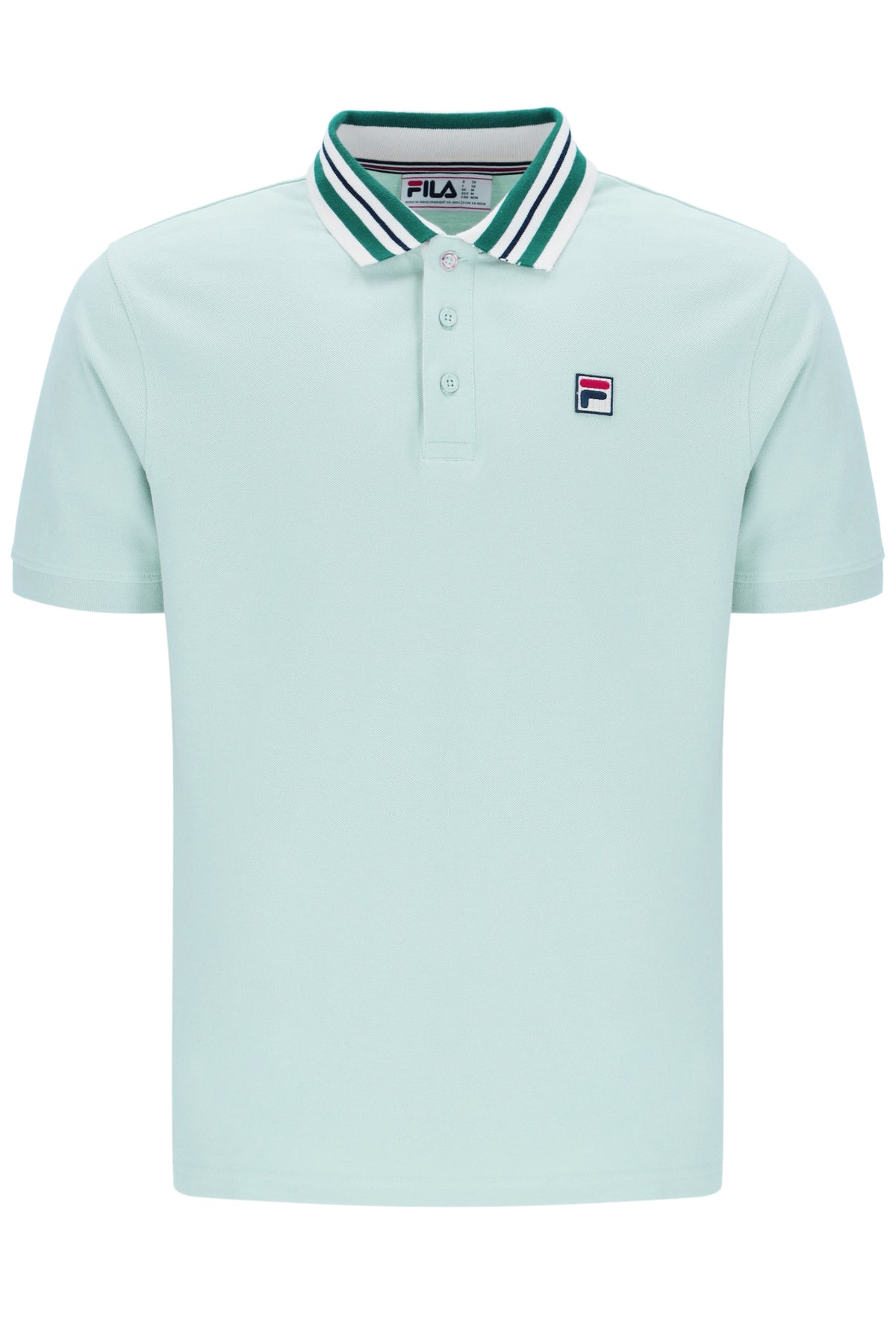 Light blue polo shirt with green and white collar, with a small FILA logo on the chest, against a white background
