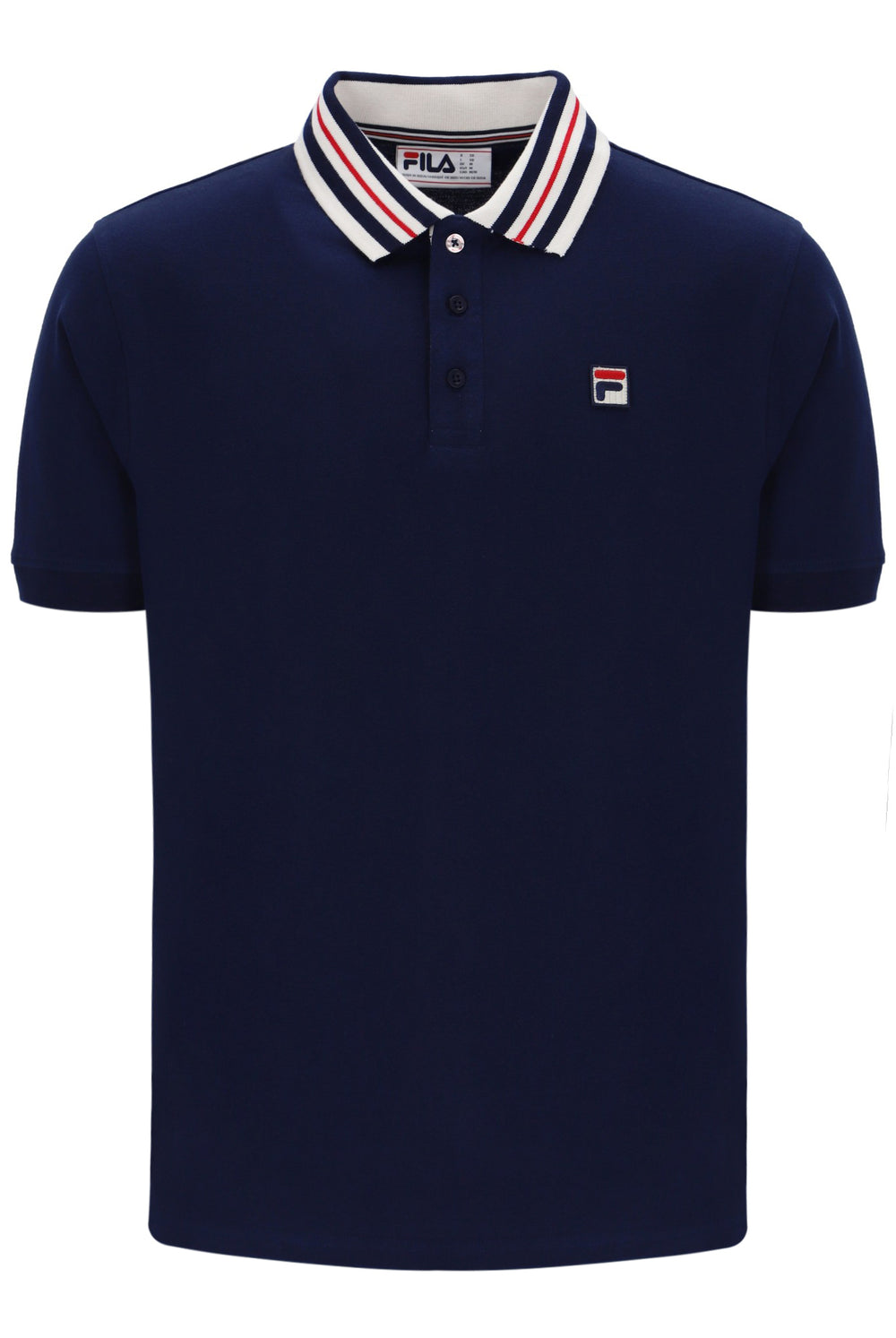 Navy blue polo shirt with a brand logo on a white background