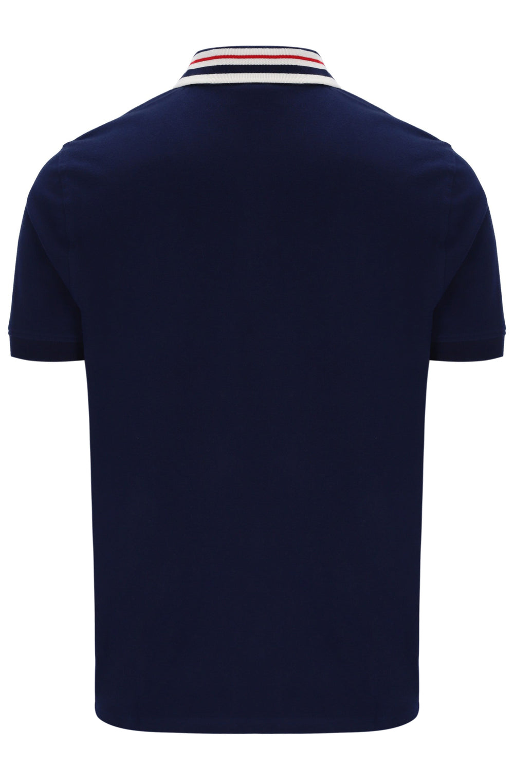 Navy blue polo shirt with a striped collar on a white background
