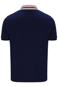 Navy blue polo shirt with a striped collar on a white background