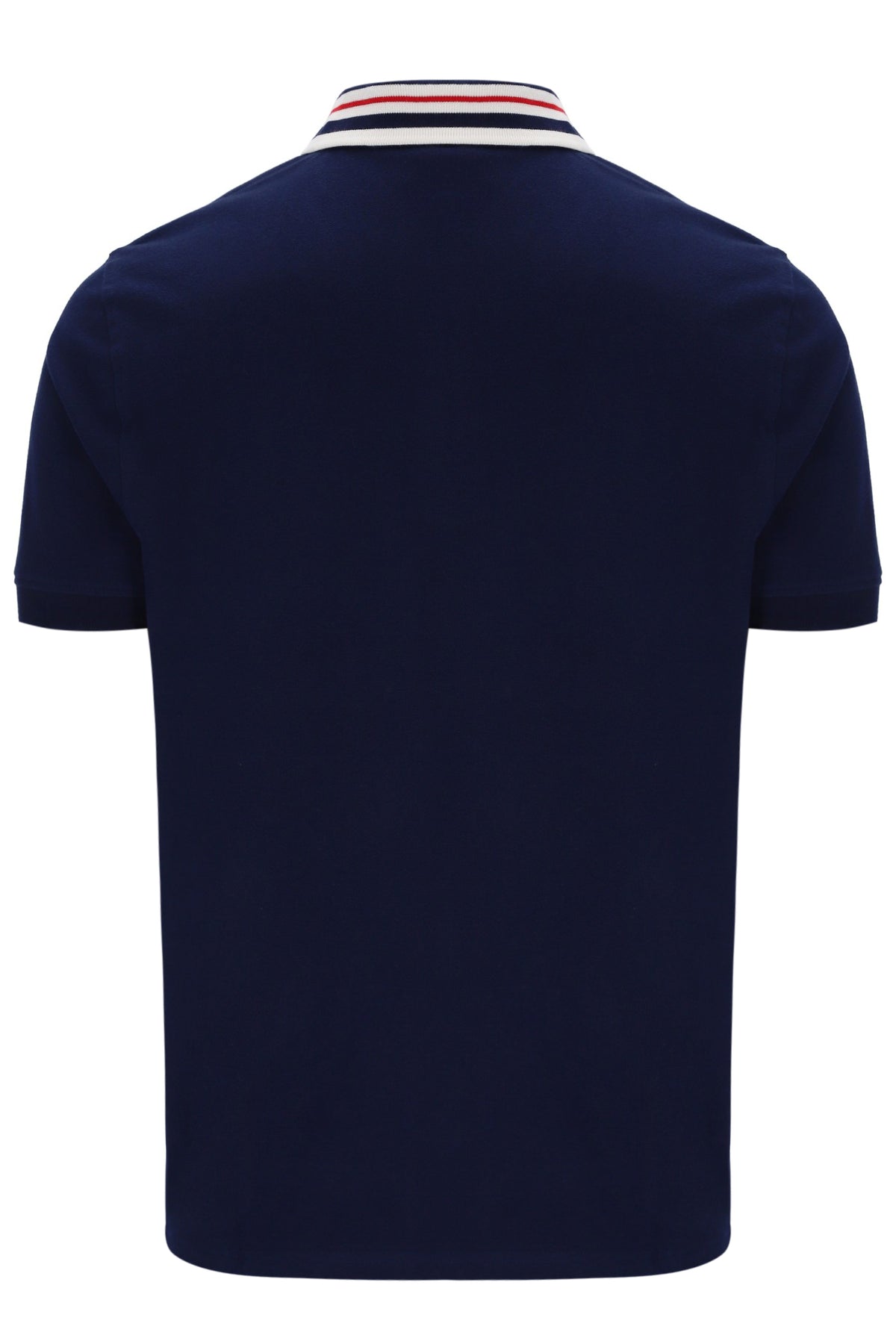Navy blue polo shirt with a striped collar on a white background