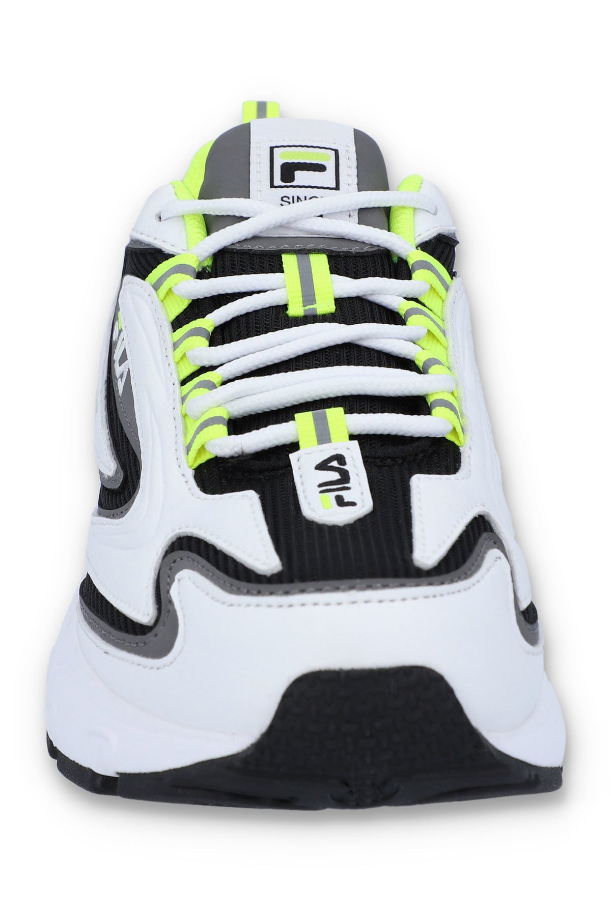 A pair of black FILA Actix Women's Trainers with lace up fastening and green accents.