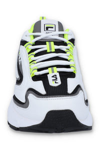 A pair of black FILA Actix Women's Trainers with lace up fastening and green accents.
