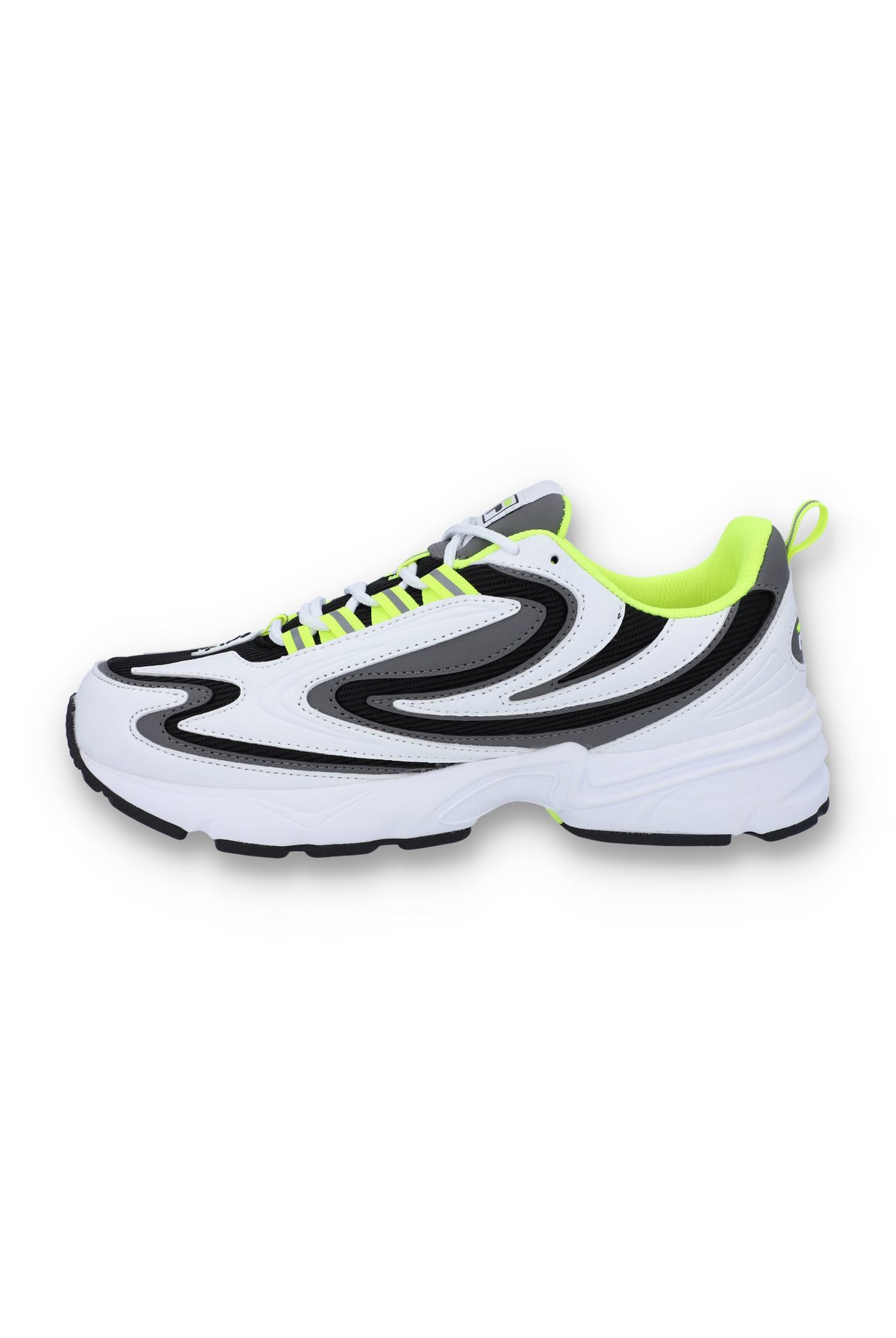A pair of black FILA Actix Women's Trainers with lace up fastening and green accents.