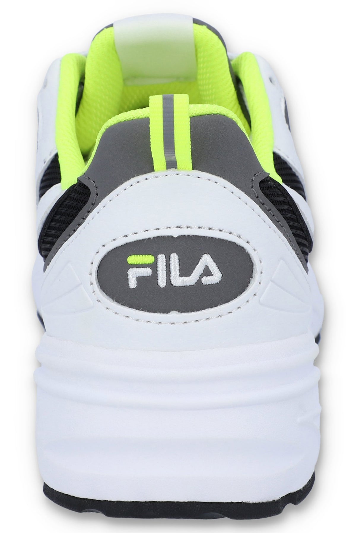 A pair of black FILA Actix Women's Trainers with lace up fastening and green accents.