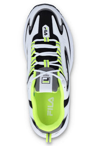 A pair of black FILA Actix Women's Trainers with lace up fastening and green accents.