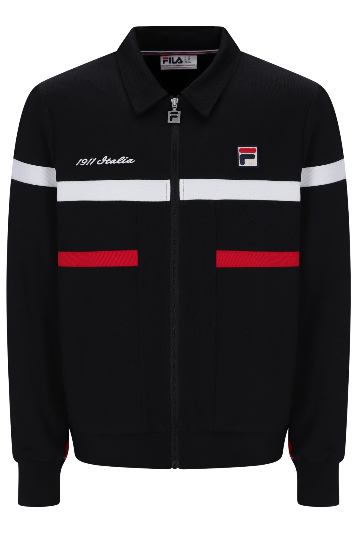 A black FILA track jacket with a zip-up front, featuring white stripes across the chest, red horizontal bands on the pockets, and the FILA logo on the left chest.