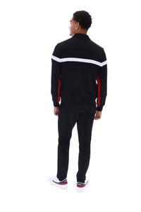 Displays a model wearing Black 'Fila' branded Red/WhiteAlex Cut And Sew Jacket