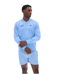 Displays a model wearing the Frozen 'FILA' branded Fjord Alfredo 1911 Velour Raglan Long-Sleeve Top