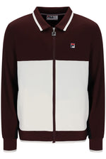 A Fila colorblock zip-up jacket in maroon and off-white, featuring a white and maroon striped collar and a small Fila logo on the left chest.