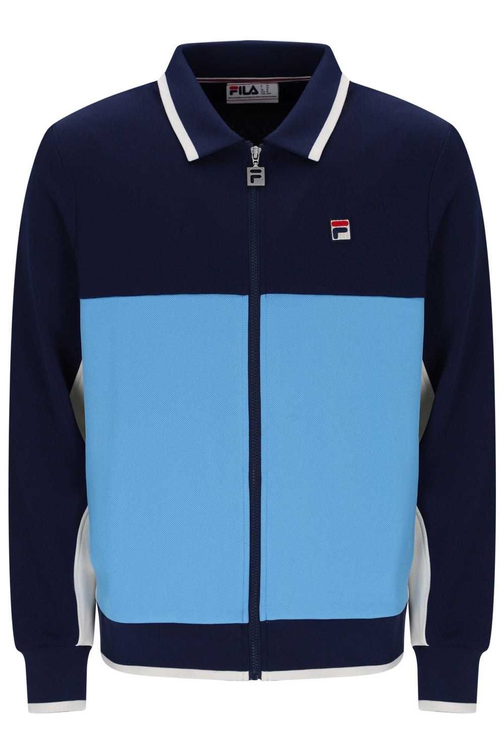 A FILA colorblock zip-up track jacket in navy blue, light blue, and white, featuring a classic collar and the brand's logo on the left chest.