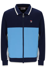 A FILA colorblock zip-up track jacket in navy blue, light blue, and white, featuring a classic collar and the brand's logo on the left chest.