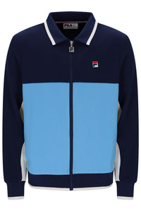 A FILA colorblock zip-up track jacket in navy blue, light blue, and white, featuring a classic collar and the brand's logo on the left chest.