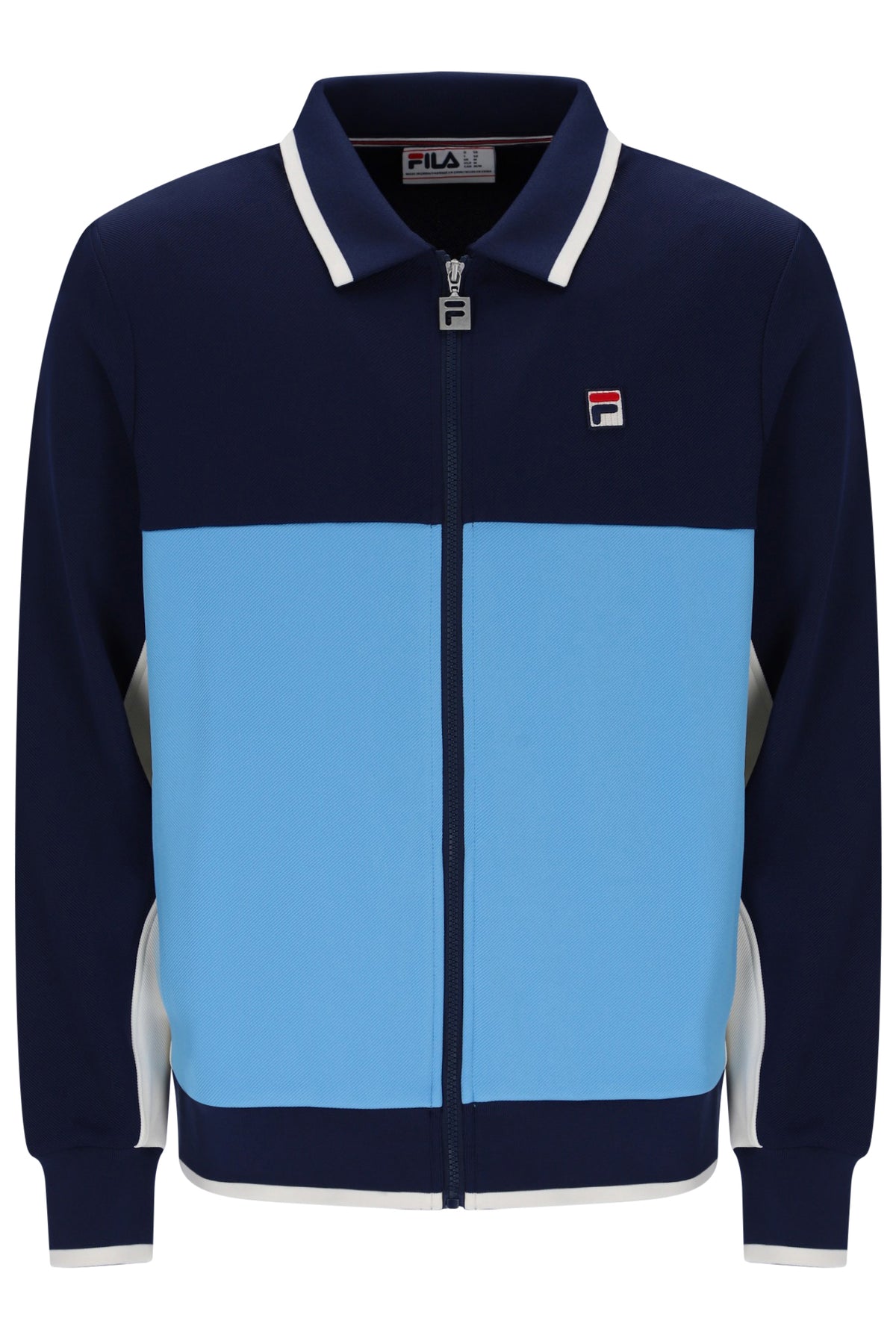 A FILA colorblock zip-up track jacket in navy blue, light blue, and white, featuring a classic collar and the brand's logo on the left chest.
