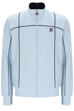 Light blue jacket with black accents and a visible brand logo on a white background