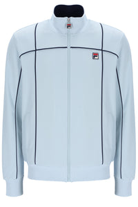 Light blue jacket with black accents and a visible brand logo on a white background