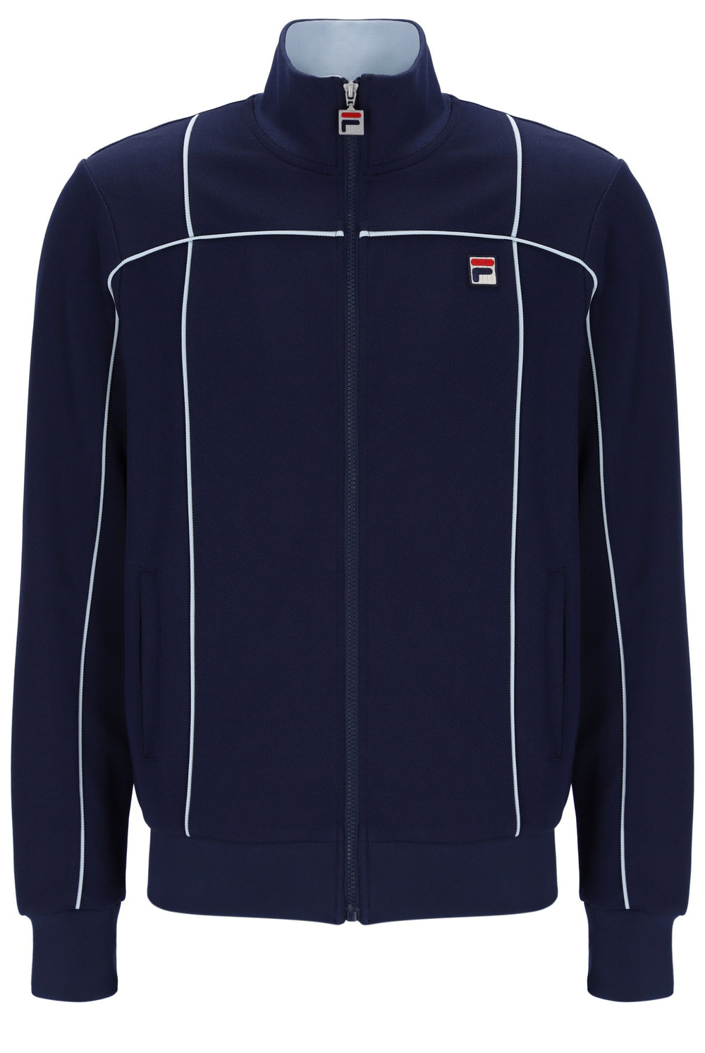 Navy blue jacket with white piping and Fila logo on a white background
