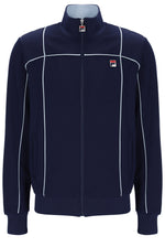 Navy blue jacket with white piping and Fila logo on a white background