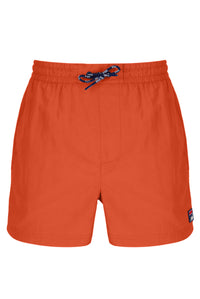 Orange shorts with a brand logo on a white background