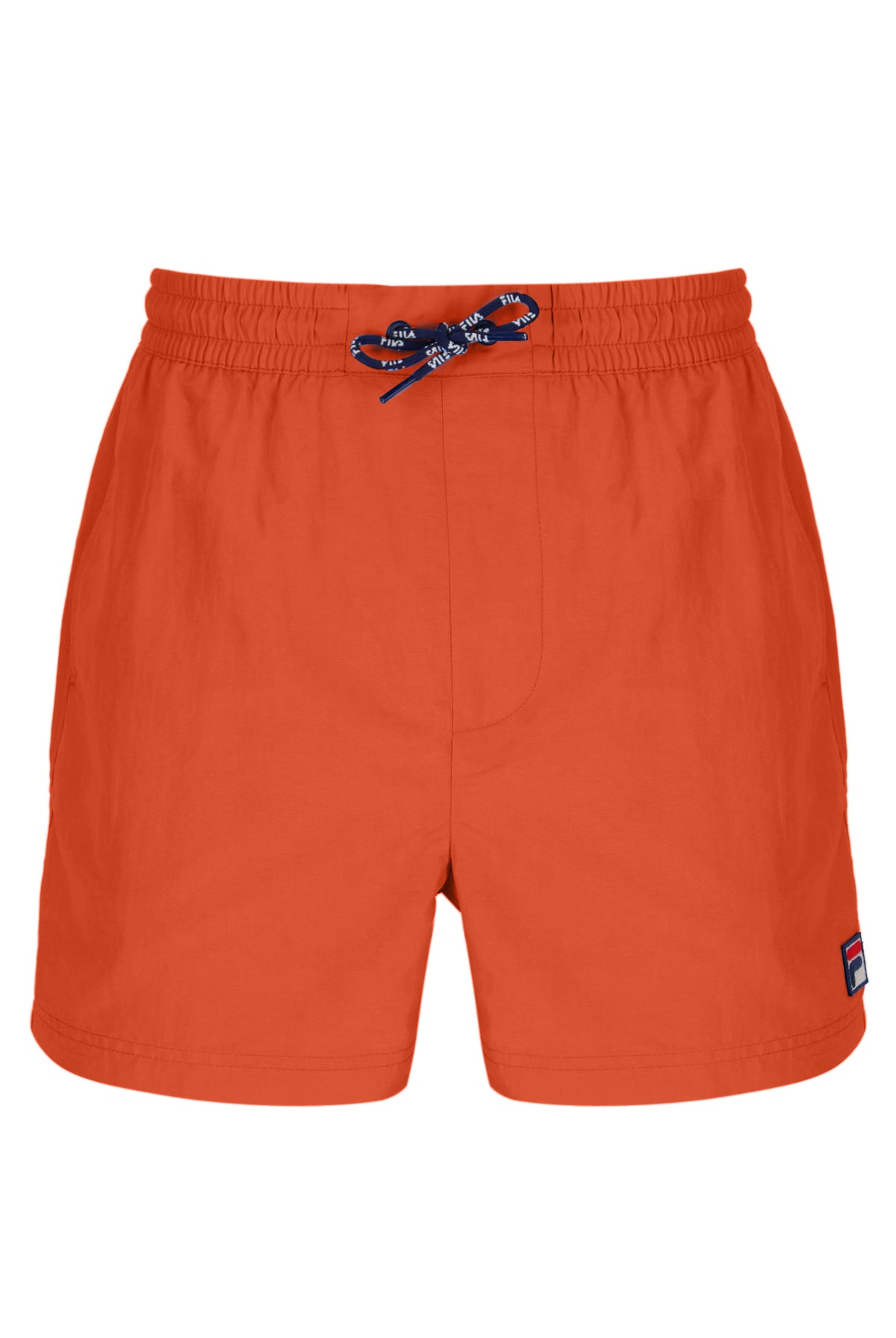 Orange shorts with a brand logo on a white background