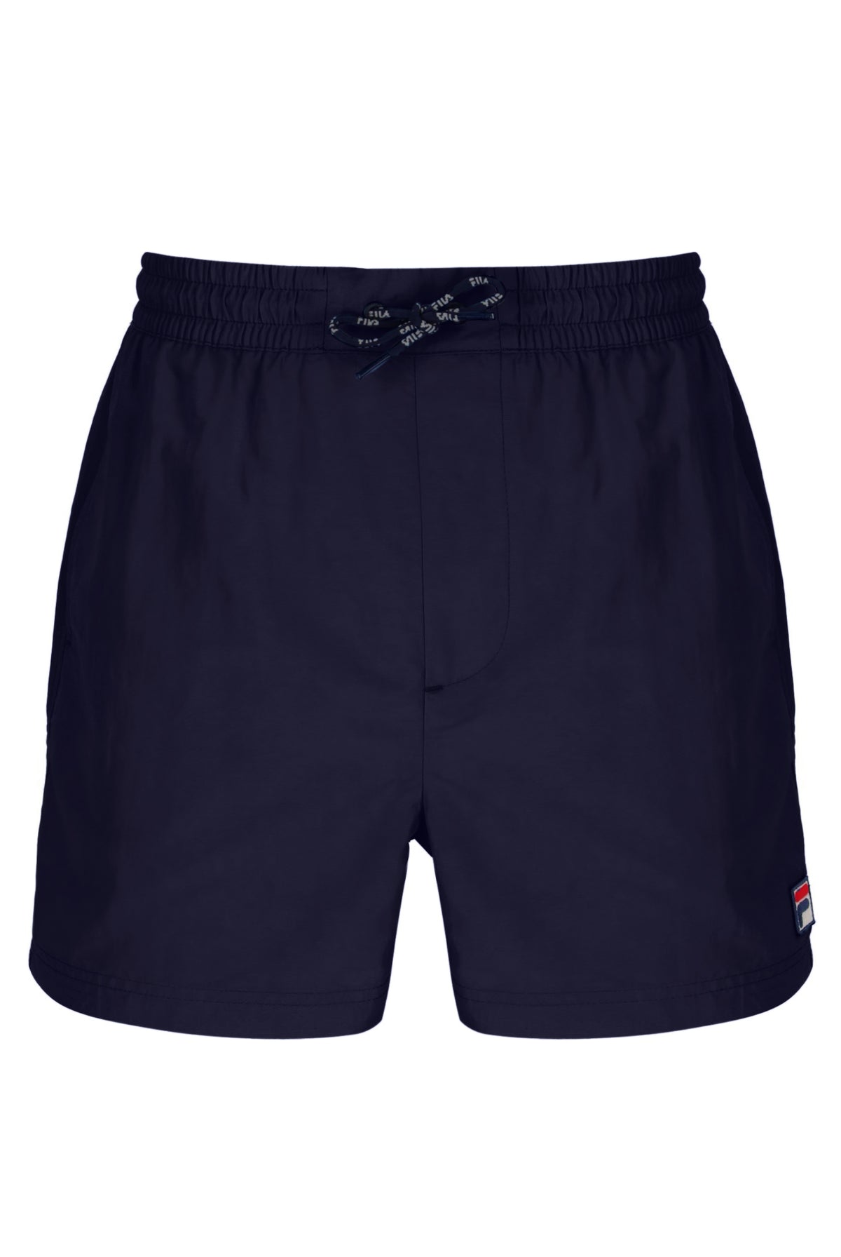 A pair of navy blue FILA Artoni swim shorts with a drawstring waistband and side pockets, featuring the FILA logo on the left leg.