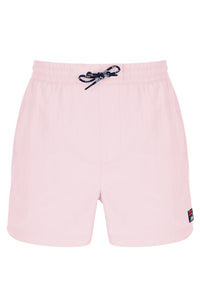 Pink shorts with a black drawstring on a white background