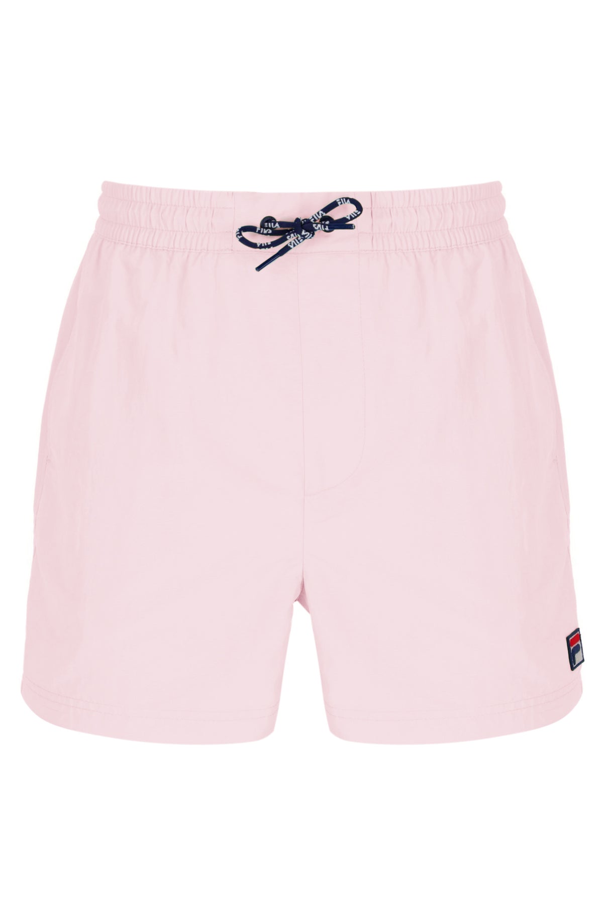 Pink shorts with a black drawstring on a white background