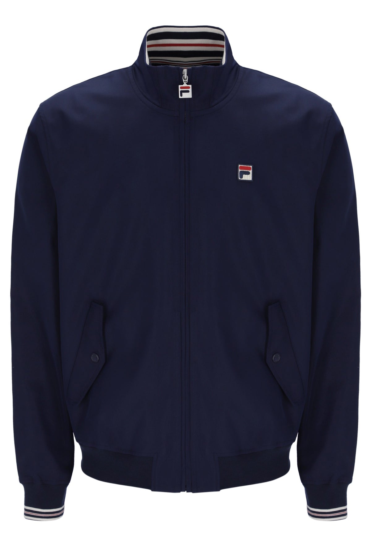 Displays the Navy 'Fila' branded Arturo Coach Jacket