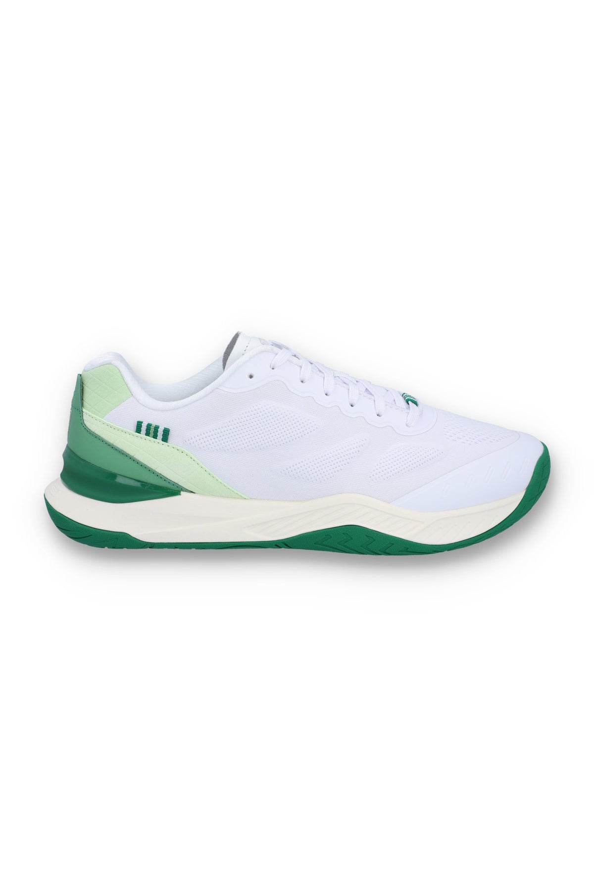 A white tennis trainer with green accents and the FILA logo on the side.