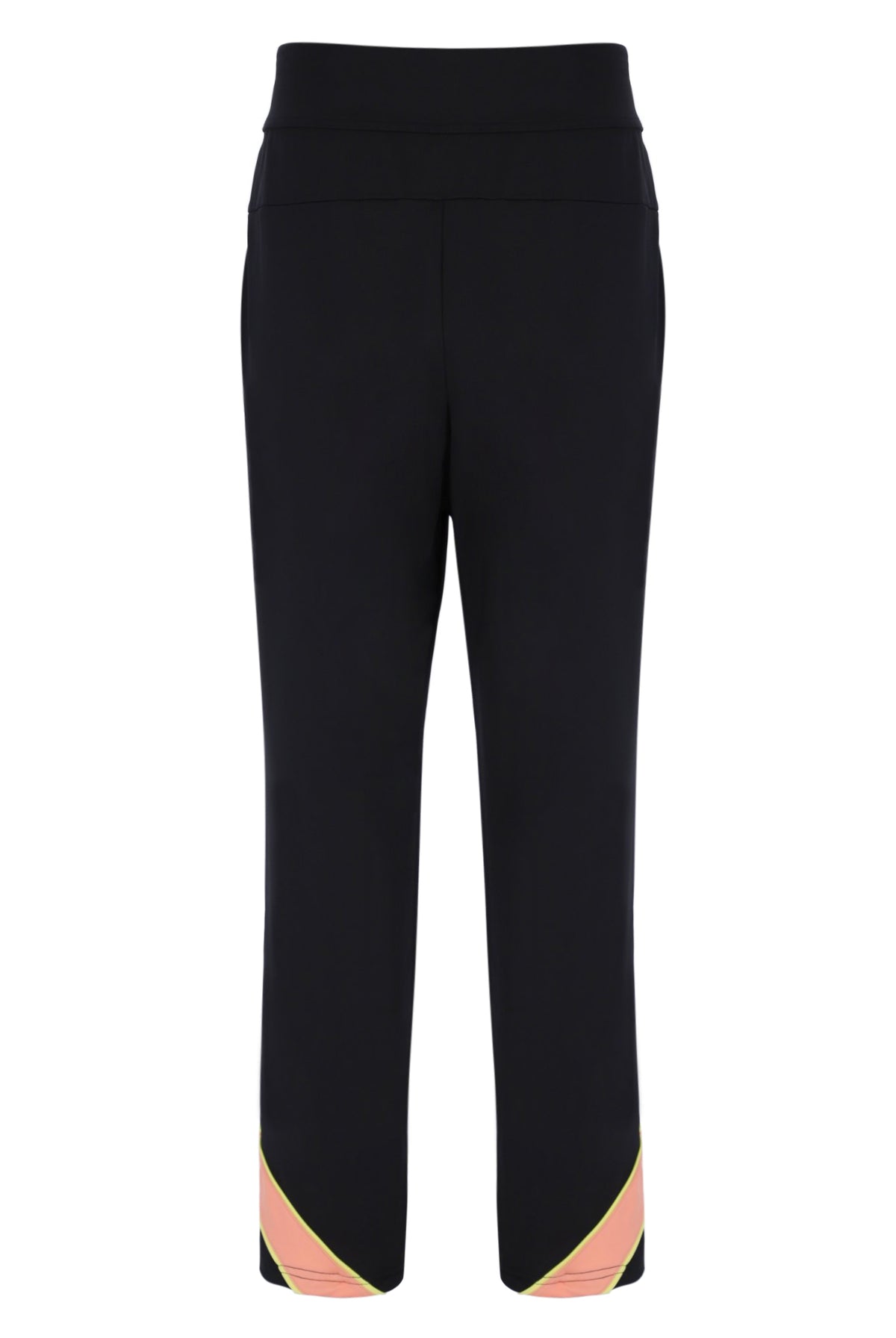 A pair of women's tennis track pants with colour blocks in peach pink and yellow on the sides, featuring an elastic waistband and branded with the FILA logo.