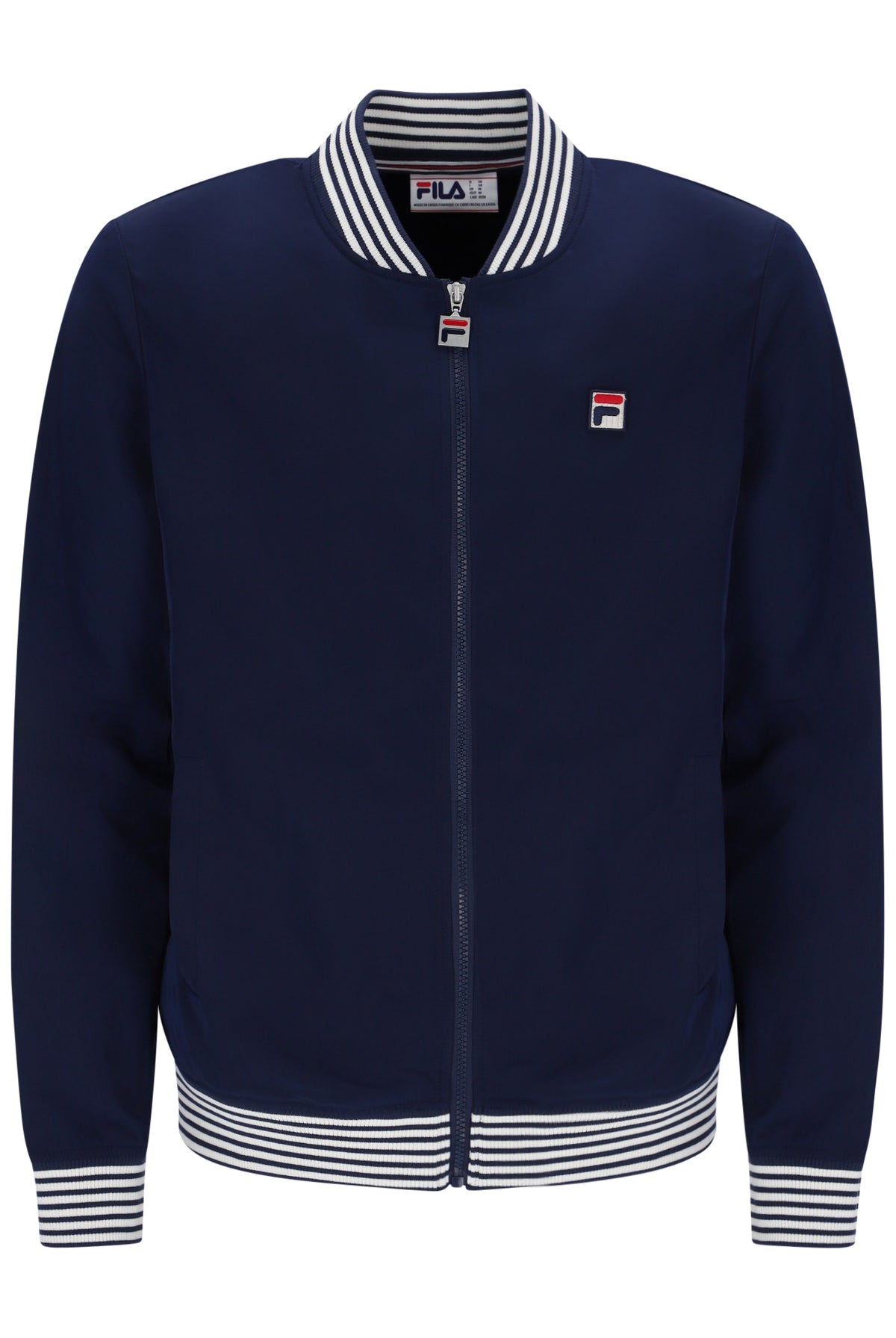 Displays the Navy 'Fila' branded Gardenia Badrick Jacket