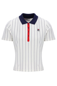 White pinstripe polo shirt with red accents and Fila logo on a white background
