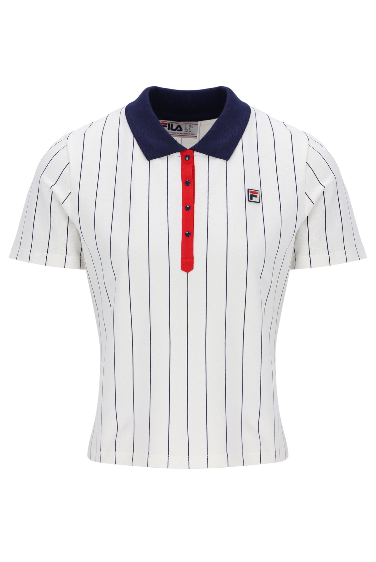 White pinstripe polo shirt with red accents and Fila logo on a white background