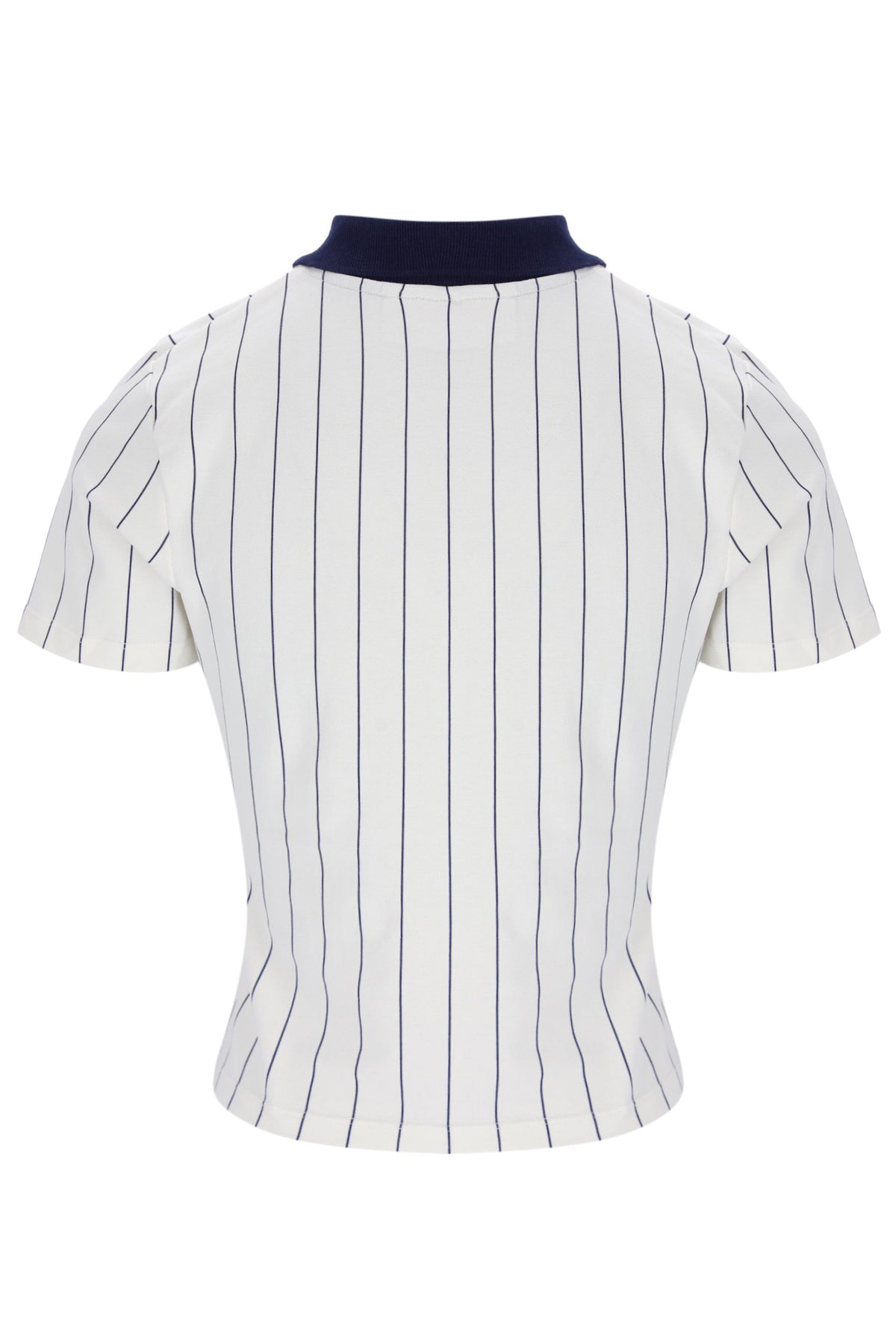 White pinstripe blouse with navy collar on a white background