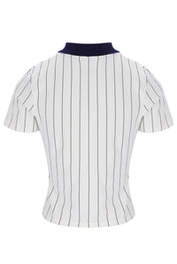 White pinstripe blouse with navy collar on a white background
