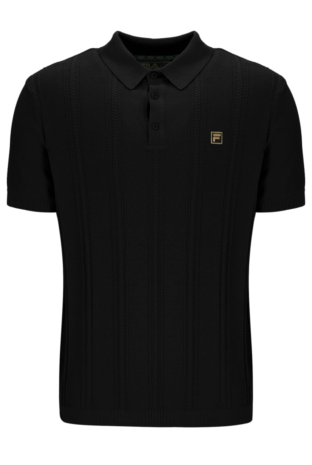 Black polo shirt with a small FILA logo on a white background