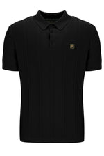 Black polo shirt with a small FILA logo on a white background