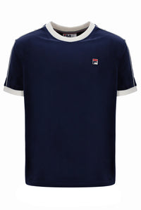 Navy blue t-shirt with white trim and a small logo on a white background