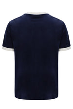 Navy blue t-shirt with white trim on a white background