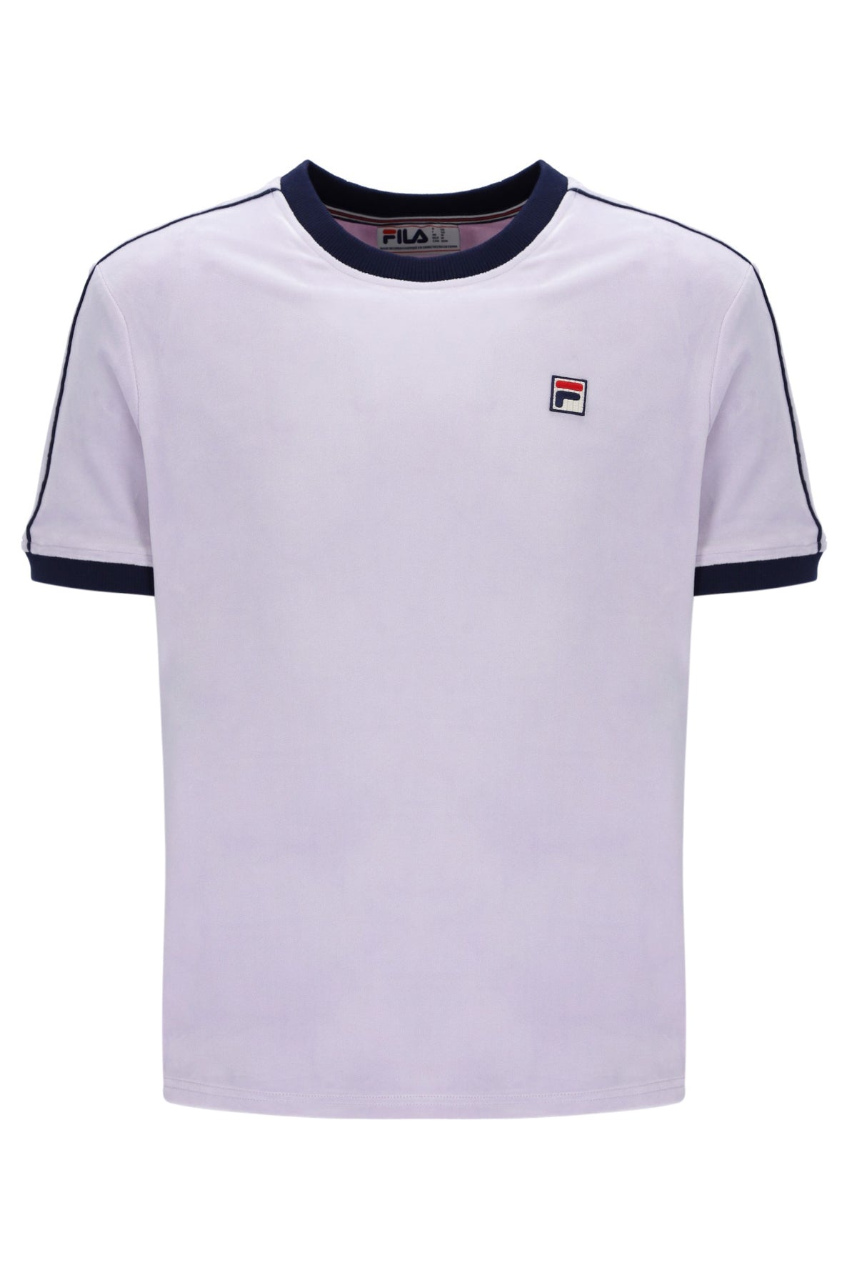 Lilac t-shirt with black trim and Fila logo on a white background
