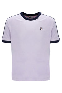 Lilac t-shirt with black trim and Fila logo on a white background