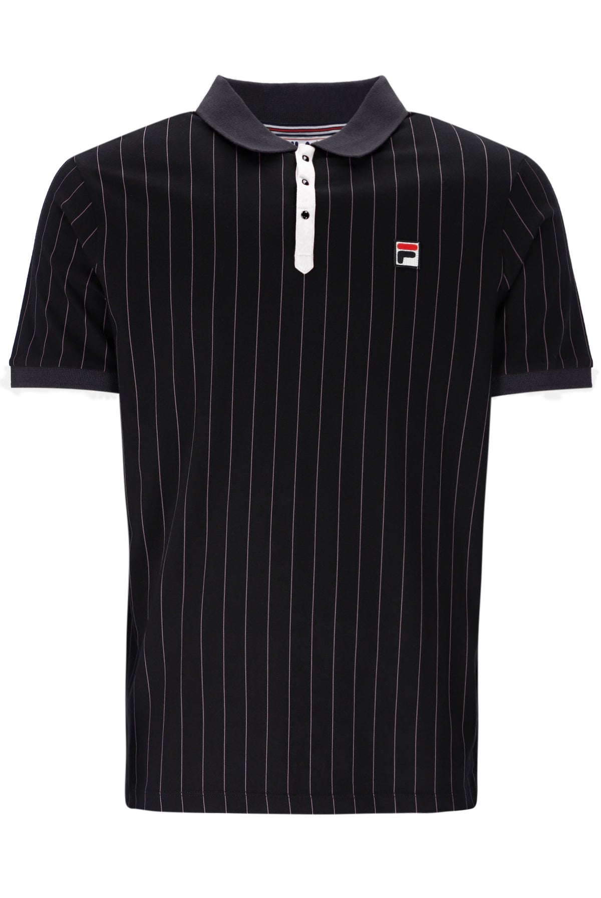Black pinstripe polo shirt with a small FILA logo on the chest, on a white background