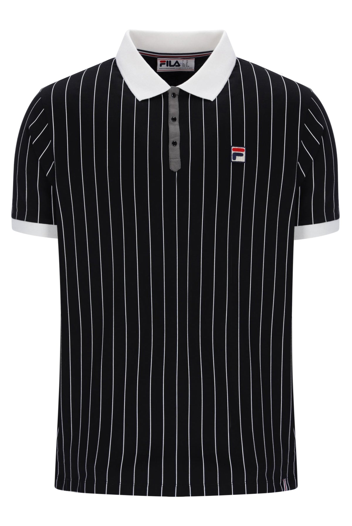 A black short-sleeve polo shirt with thin white vertical pinstripes, a white collar, and a small Fila logo patch on the left chest.
