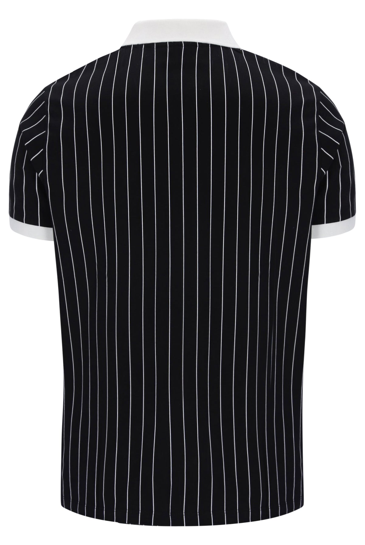 Black short-sleeve polo shirt with thin white vertical pinstripes, featuring a white collar and white sleeve cuffs, shown from the back.