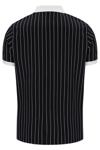 Black short-sleeve polo shirt with thin white vertical pinstripes, featuring a white collar and white sleeve cuffs, shown from the back.