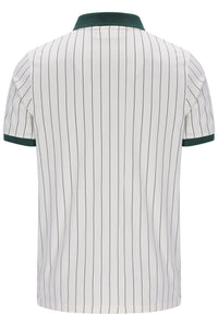 White short-sleeve polo shirt with thin vertical black pinstripes, featuring a dark green collar and sleeve cuffs, shown from the back.